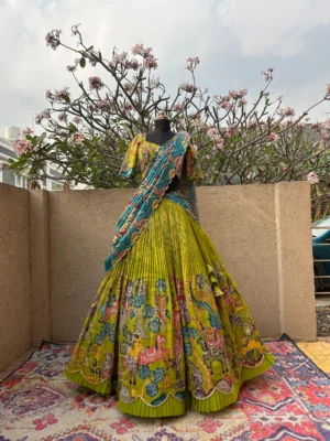 Parrot Green Kalamkari Silk Lehenga