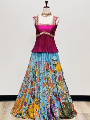 Pink & Sea Blue Kalamkari Lehenga