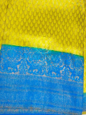 Yellow & Blue Banarasi Silk Saree with Zari Elephant Motif Border