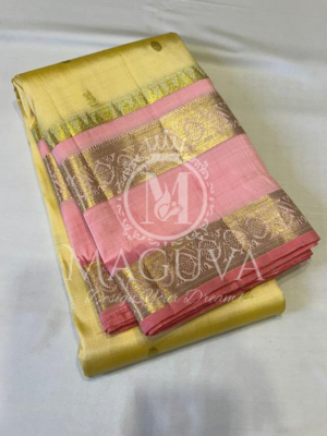 Elegant Light Green & Peach Pink Kanjivaram Silk Saree with Zari Border