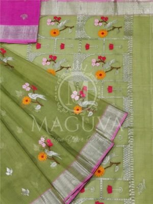 Elegant Green Organza Saree with Floral and Bird Embroidery