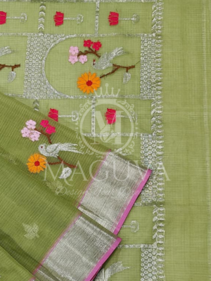 Elegant Green Organza Saree with Floral and Bird Embroidery