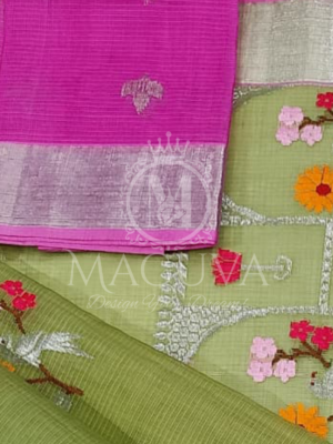 Elegant Green Organza Saree with Floral and Bird Embroidery