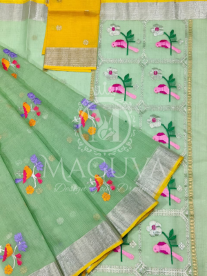 Pastel Green Organza Saree with Colorful Bird Embroidery and Yellow Contrast Blouse