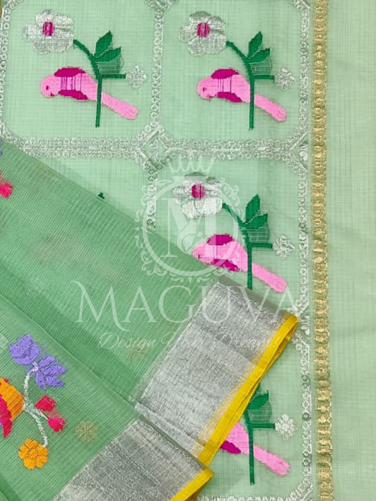 Pastel Green Organza Saree with Colorful Bird Embroidery and Yellow Contrast Blouse