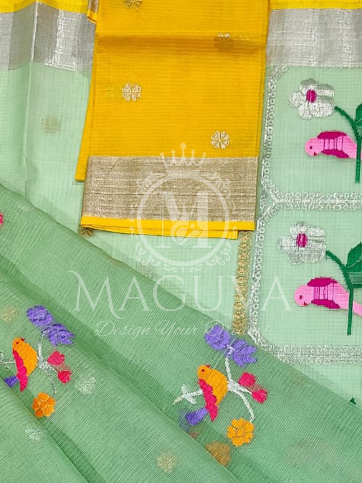 Pastel Green Organza Saree with Colorful Bird Embroidery and Yellow Contrast Blouse