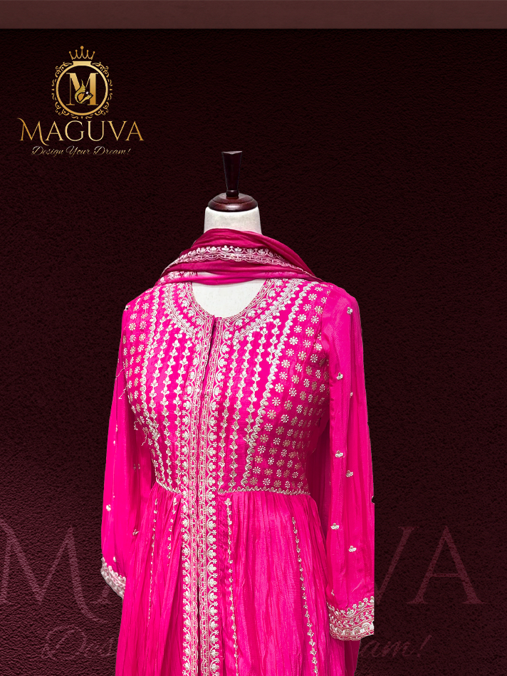 Pink Anarkali Dress with Silver Embroidery and Sequins