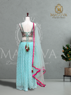 Light Blue Embroidered Lehenga with Floral Choli and Pink Dupatta