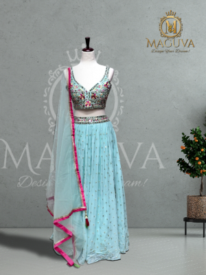 Light Blue Embroidered Lehenga with Floral Choli and Pink Dupatta