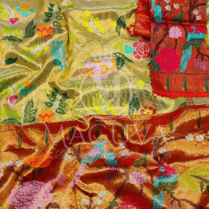 Golden Silk Saree with Multicolor Floral & Bird Weaving