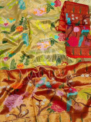 Golden Silk Saree with Multicolor Floral & Bird Weaving