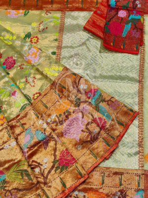 Golden Silk Saree with Multicolor Floral & Bird Weaving