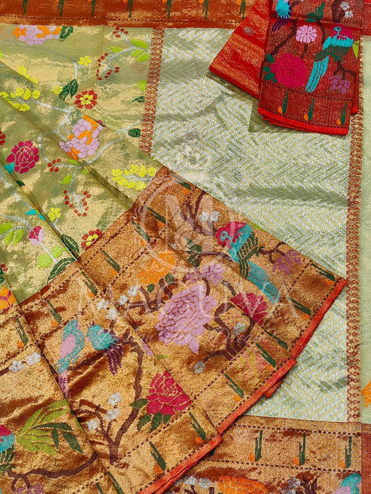 Golden Silk Saree with Multicolor Floral & Bird Weaving