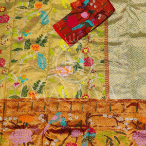 Golden Silk Saree with Multicolor Floral & Bird Weaving