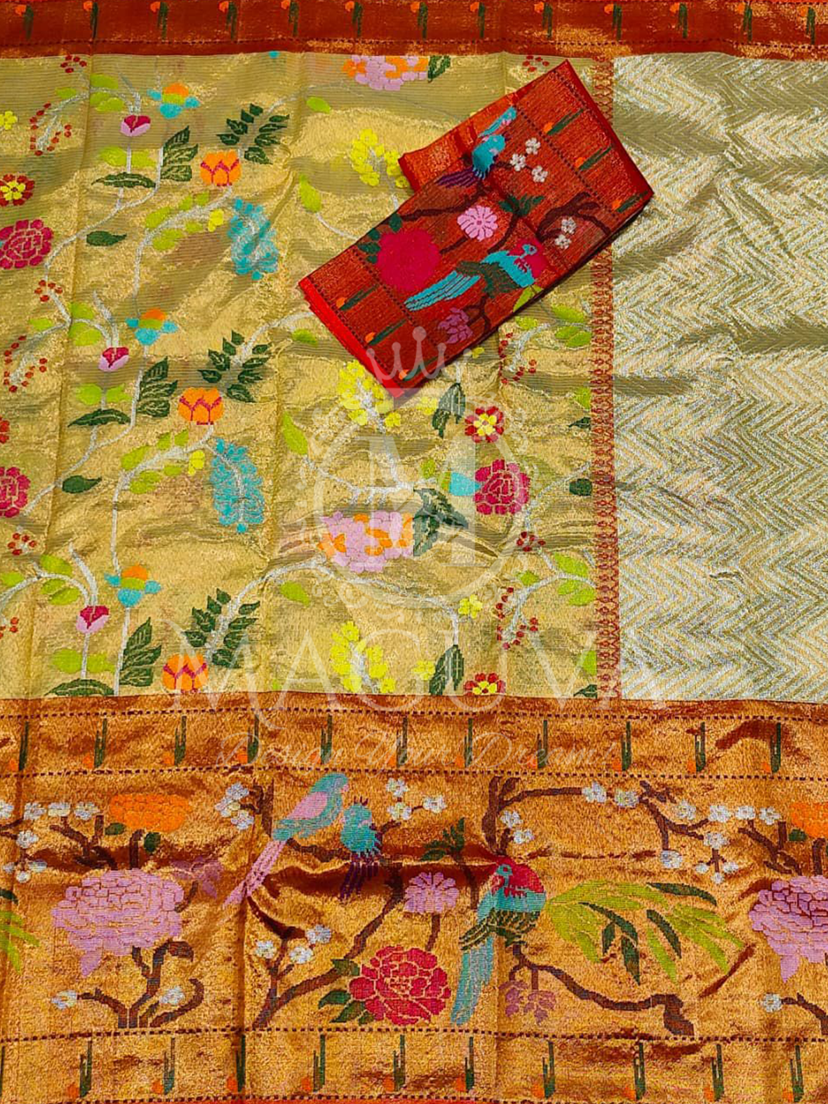 Golden Silk Saree with Multicolor Floral & Bird Weaving