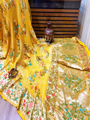 Bandhani Bliss Red Handcrafted Saree with Floral Embroidery & Bird Motif Pallu