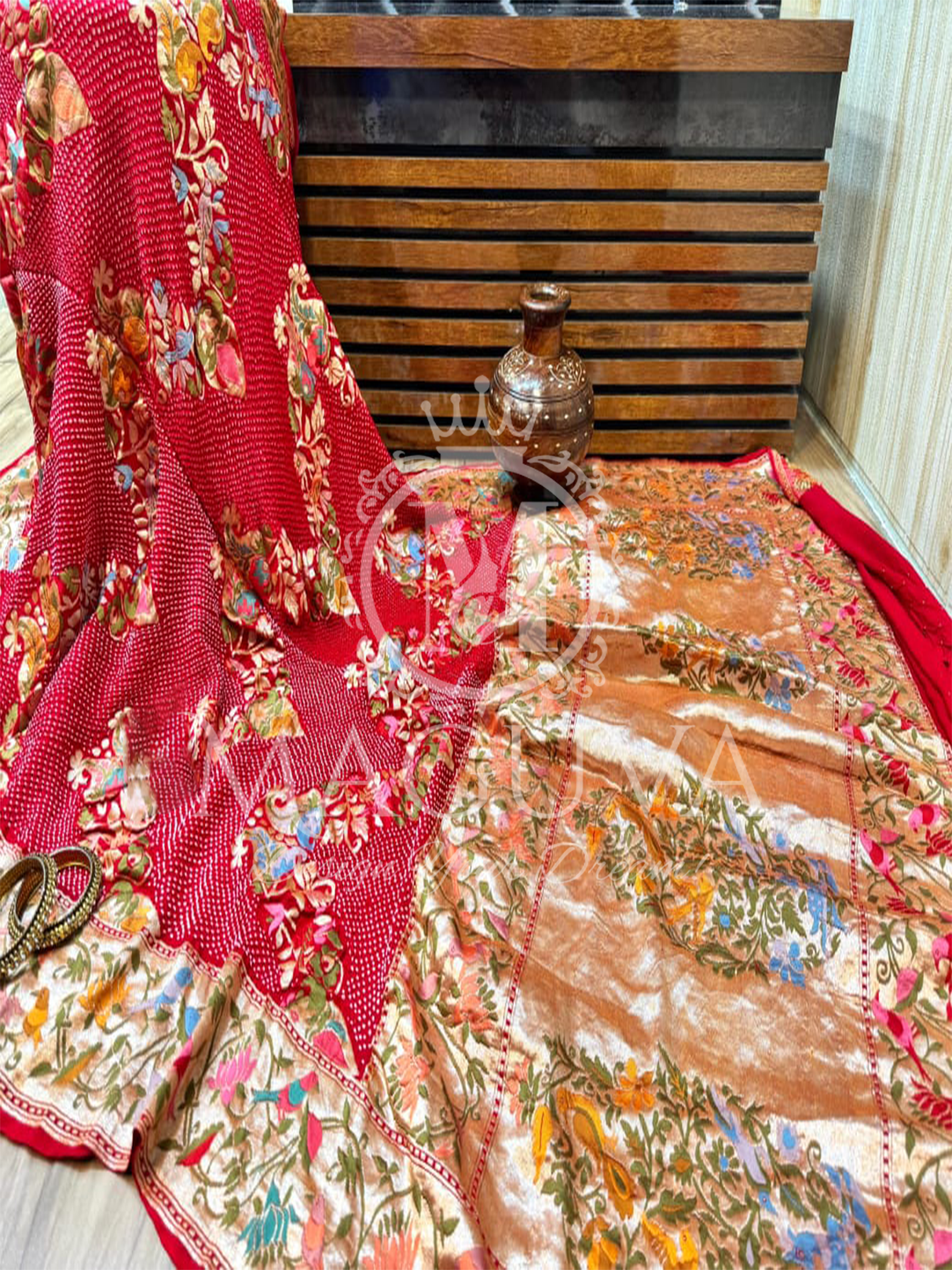 Exquisite Embroidered Red Floral Saree with Golden Border