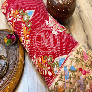 Exquisite Embroidered Red Floral Saree with Golden Border