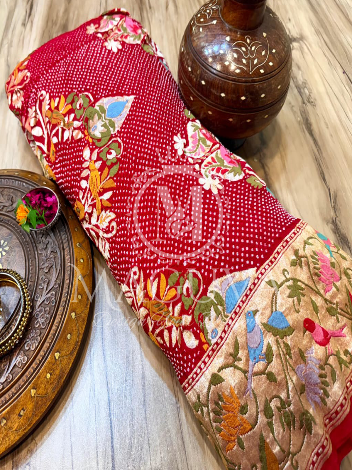 Exquisite Embroidered Red Floral Saree with Golden Border