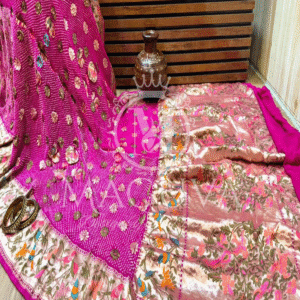 Magenta Banarasi Bandhani Silk Saree with Floral Embroidery & Zari Border