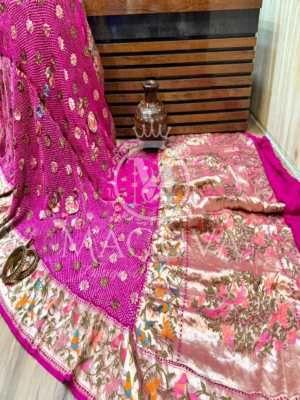 Magenta Banarasi Bandhani Silk Saree with Floral Embroidery & Zari Border