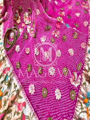 Magenta Banarasi Bandhani Silk Saree with Floral Embroidery & Zari Border
