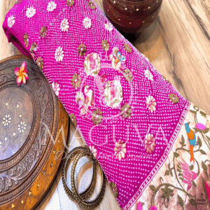 Magenta Banarasi Bandhani Silk Saree with Floral Embroidery & Zari Border