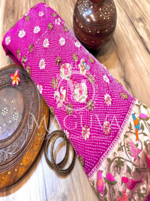 Magenta Banarasi Bandhani Silk Saree with Floral Embroidery & Zari Border