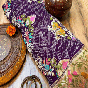 Royal Purple Banarasi Bandhani Silk Saree with Multicolor Floral & Zari Border