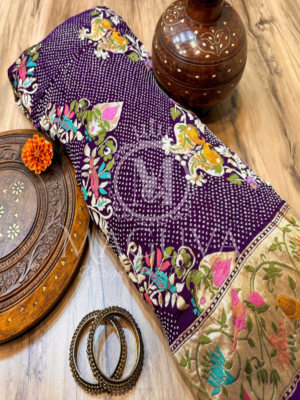 Royal Purple Banarasi Bandhani Silk Saree with Multicolor Floral & Zari Border