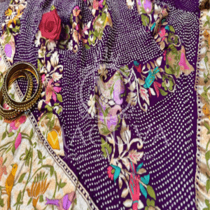 Royal Purple Banarasi Bandhani Silk Saree with Multicolor Floral & Zari Border