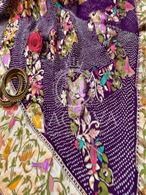 Royal Purple Banarasi Bandhani Silk Saree with Multicolor Floral & Zari Border