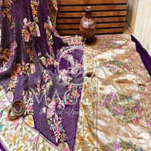 Royal Purple Banarasi Bandhani Silk Saree with Multicolor Floral & Zari Border