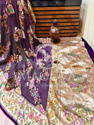 Royal Purple Banarasi Bandhani Silk Saree with Multicolor Floral & Zari Border