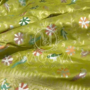 Olive Green Banarasi Silk Saree with Multicolor Floral & Bird Motifs