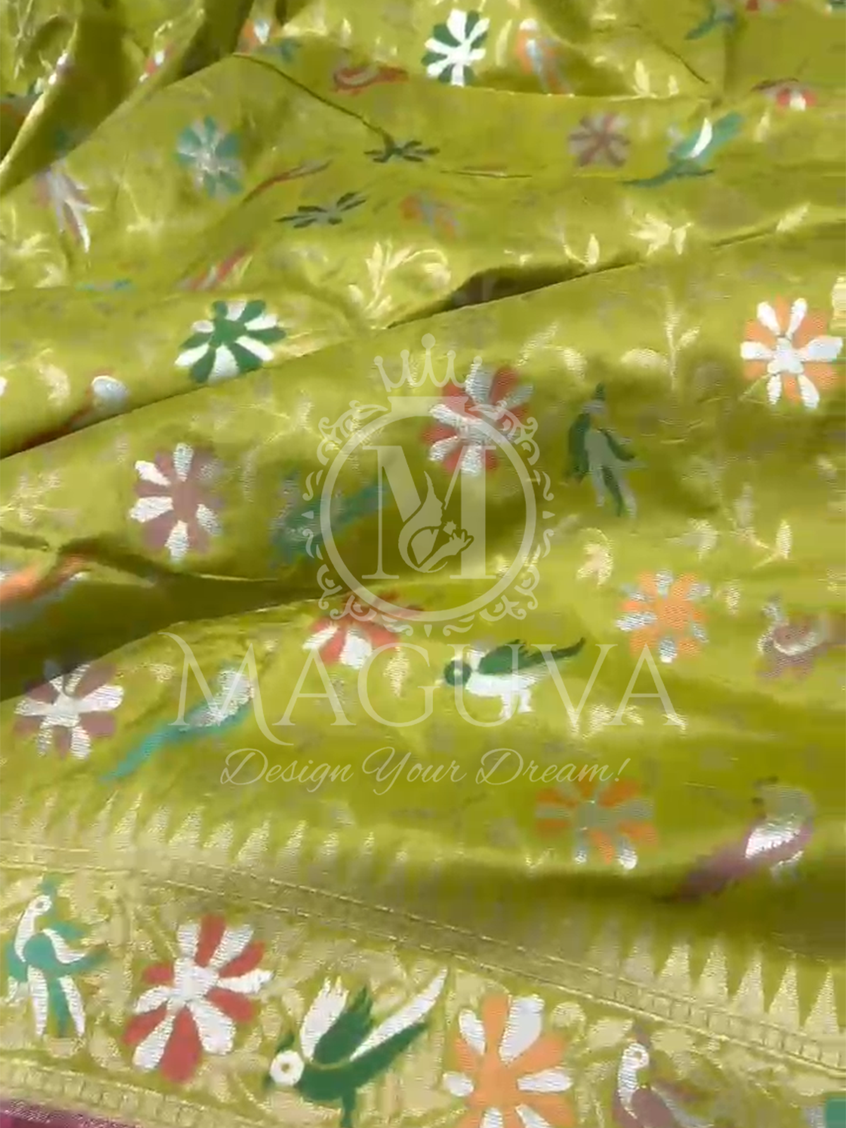 Olive Green Banarasi Silk Saree with Multicolor Floral & Bird Motifs