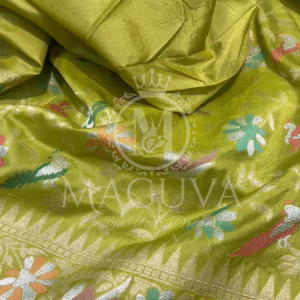 Olive Green Banarasi Silk Saree with Multicolor Floral & Bird Motifs