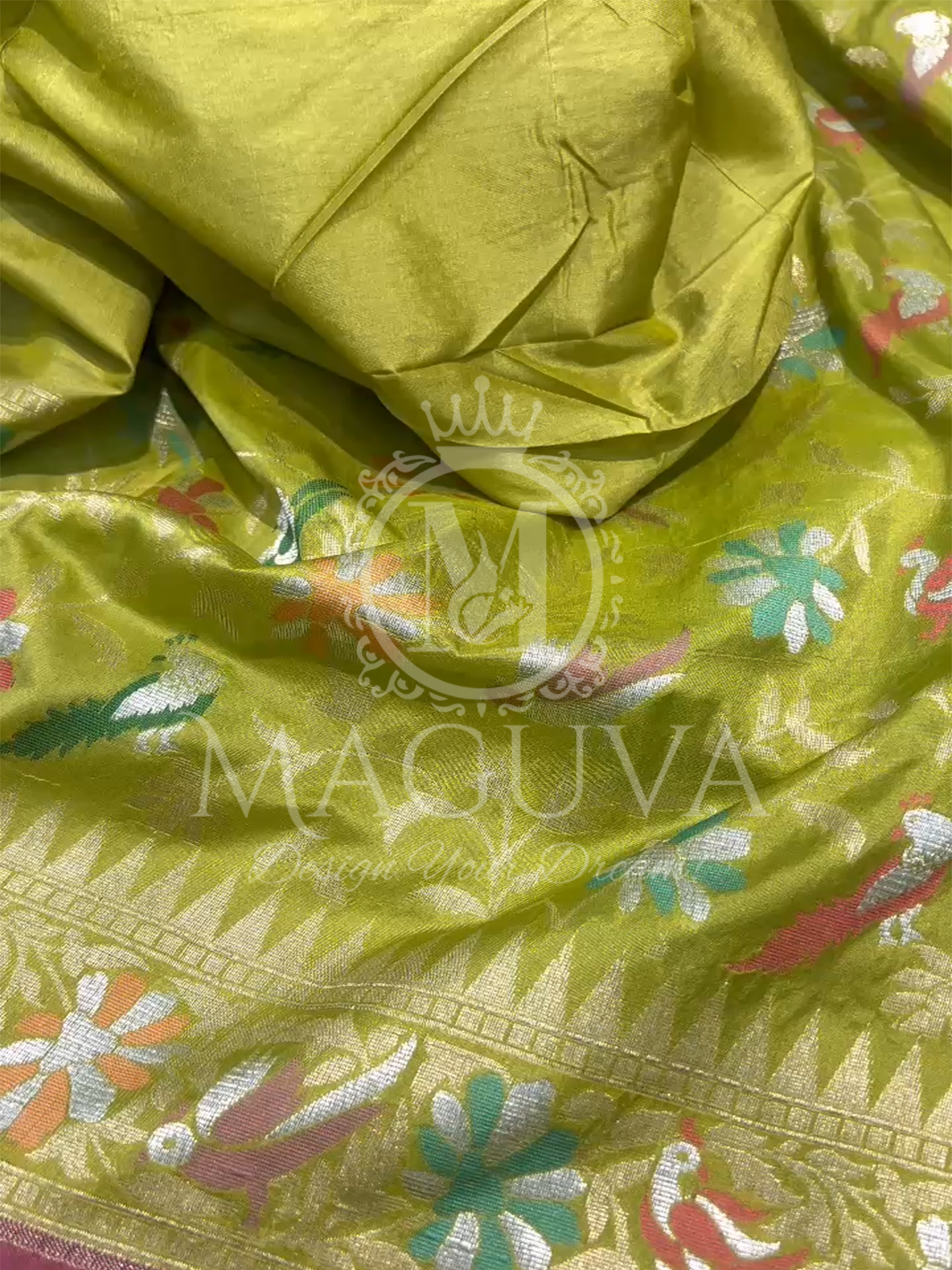 Olive Green Banarasi Silk Saree with Multicolor Floral & Bird Motifs