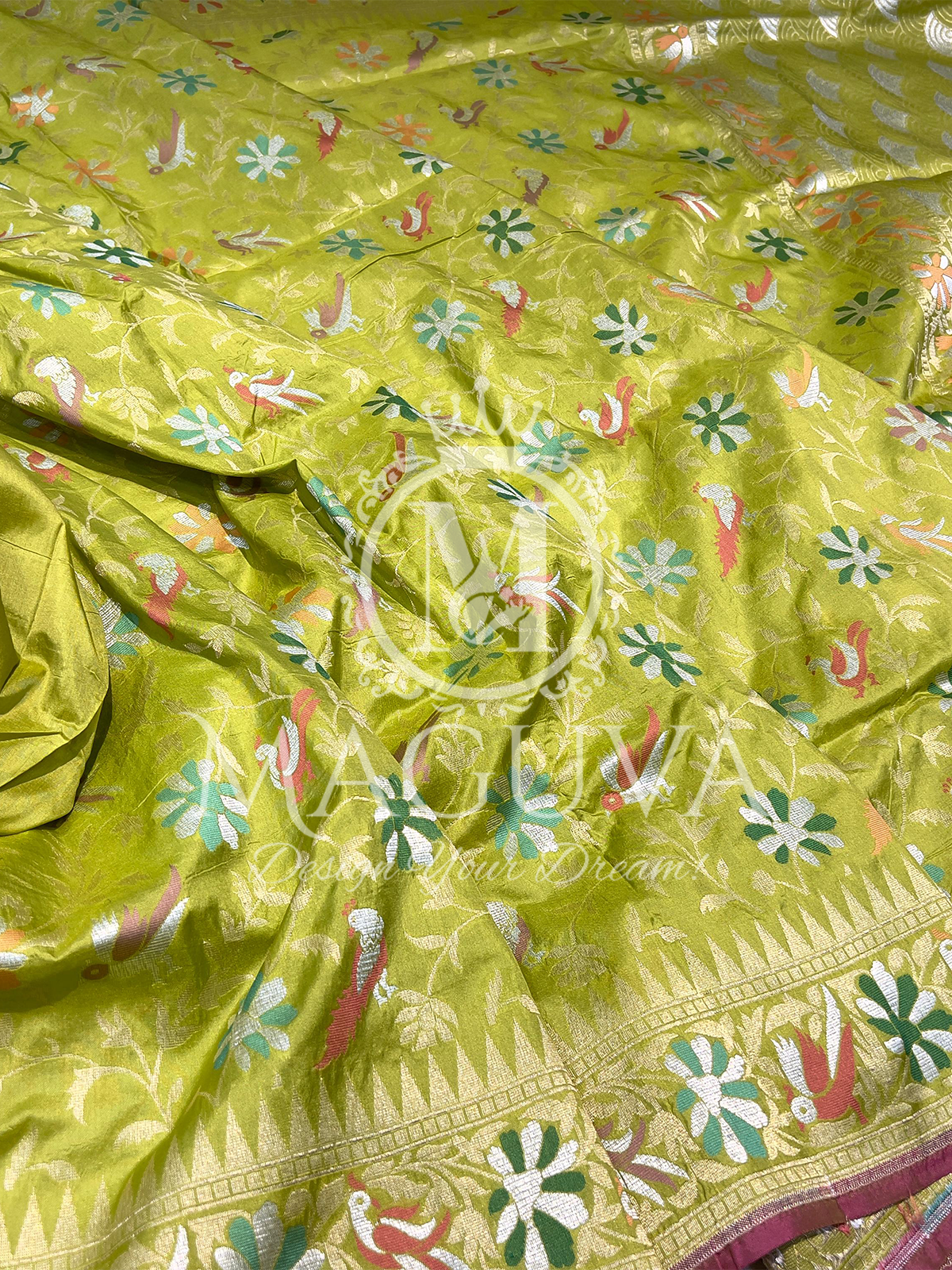 Olive Green Banarasi Silk Saree with Multicolor Floral & Bird Motifs