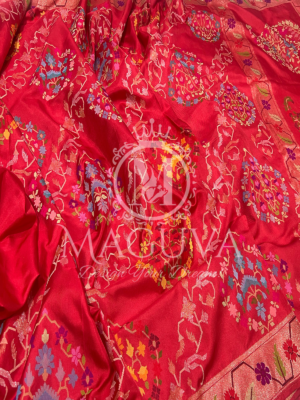 Crimson Red Banarasi Silk Saree with Multicolor Floral Weaving