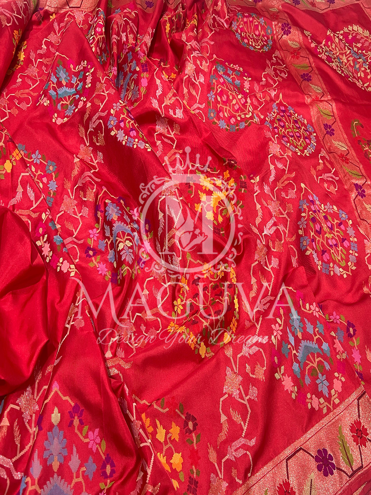 Crimson Red Banarasi Silk Saree with Multicolor Floral Weaving