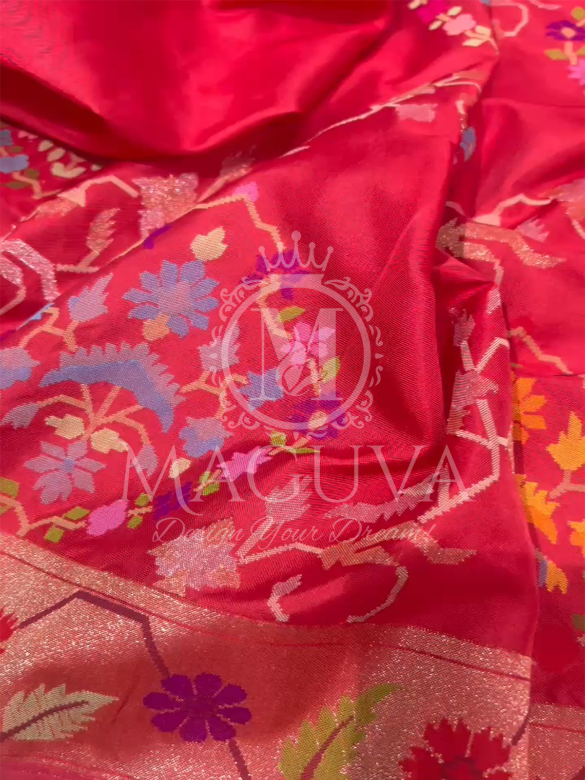 Crimson Red Banarasi Silk Saree with Multicolor Floral Weaving