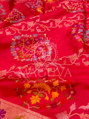 Crimson Red Banarasi Silk Saree with Multicolor Floral Weaving