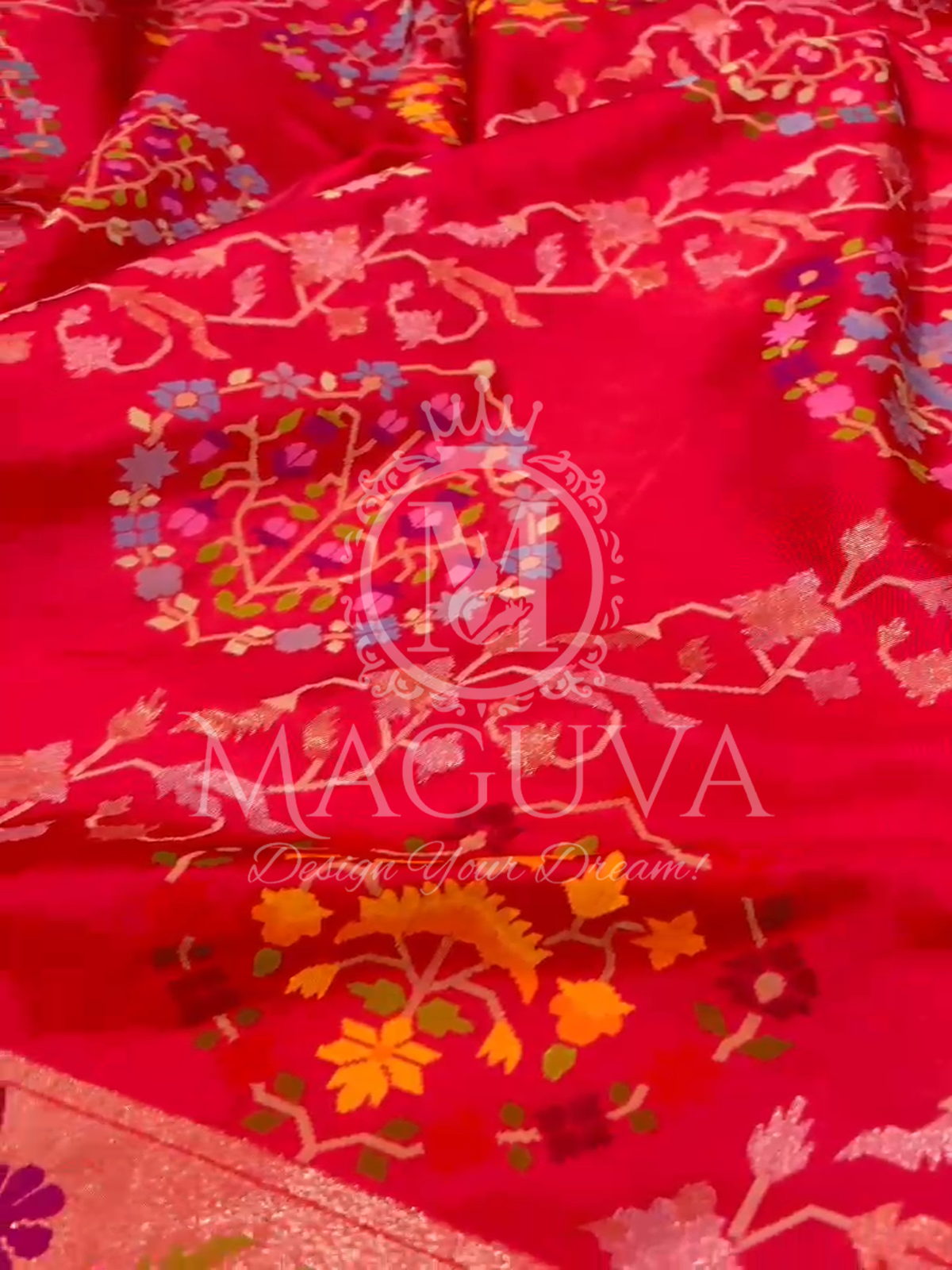 Crimson Red Banarasi Silk Saree with Multicolor Floral Weaving