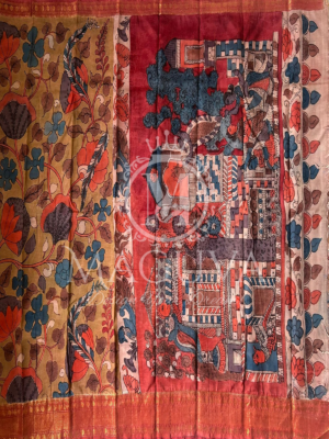 Brown Handloom Silk Saree with Bold Floral Print & Red Zari Border