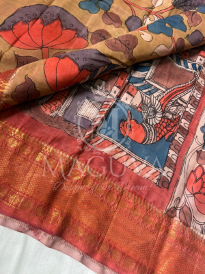 Brown Handloom Silk Saree with Bold Floral Print & Red Zari Border