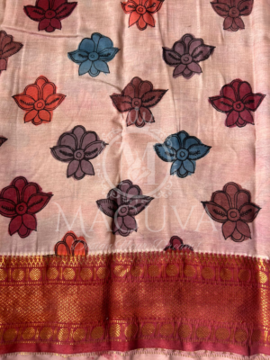 Brown Handloom Silk Saree with Bold Floral Print & Red Zari Border