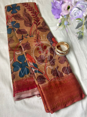 Brown Handloom Silk Saree with Bold Floral Print & Red Zari Border