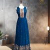 Deep Blue Embroidered Gown with Floral Hemline and Beadwork