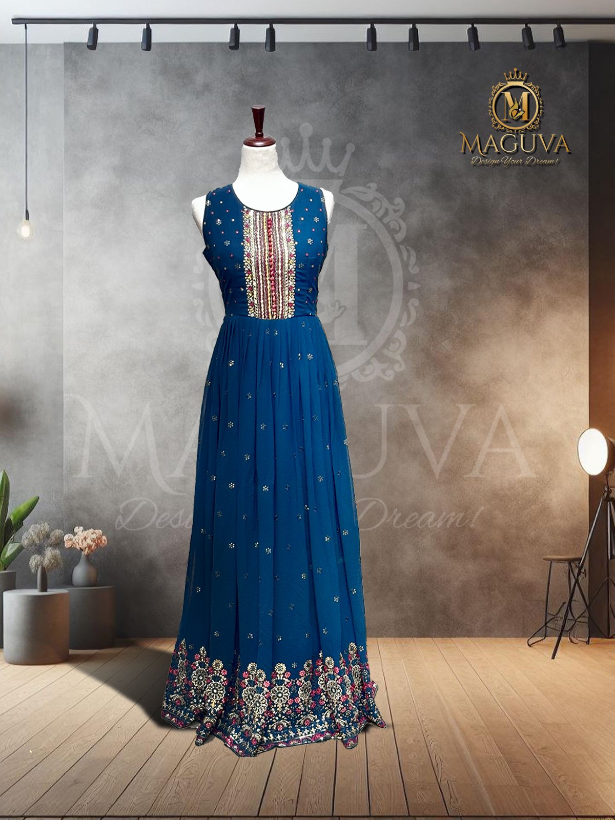 Deep Blue Embroidered Gown with Floral Hemline and Beadwork